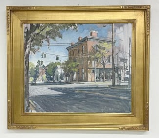 Garin Baker (Born 1961) o/b cityscape, most likely a Hudson Valley town, where he worked. Signed