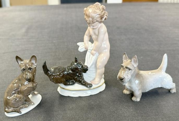 (3) ROSENTHAL Terrier figurines, in fine condition, (2) Scottish Terriers and (1) Fox terrier, to: (3) ROSENTHAL Terrier figurines, in fine condition, (2) Scottish Terriers and (1) Fox terrier, to show scale the largest measures 5.25" high. From the estate of world renowned Scottish Terrier enthusi