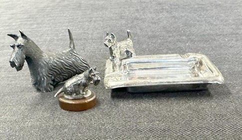 (3) STERLING SILVER Scottish Terrier pieces, including hallmarked ashtray with figural Scotty, and