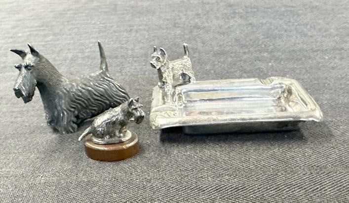 (3) STERLING SILVER Scottish Terrier pieces, including hallmarked ashtray with figural Scotty, and: (3) STERLING SILVER Scottish Terrier pieces, including hallmarked ashtray with figural Scotty, and (2) S. KIRK sterling figures.....total weight is 7.16 troy ounces, all in very nice condition. From t