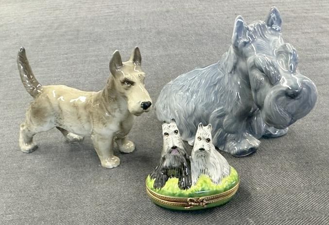 (3) Scottish Terrier porcelain pcs. Including LIMOGES box with (2) Scotties on top, a brownish: (3) Scottish Terrier porcelain pcs. Including LIMOGES box with (2) Scotties on top, a brownish Scottie marked JHR on bottom and ROYAL COPENHAGEN Scotty, that measures 6" long. All in nice estate condi