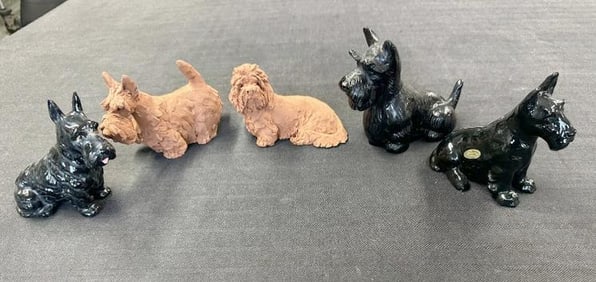 (5) SCOTTISH TERRIER figures, including (2) terra cotta, black Crown Ducal, black plastic