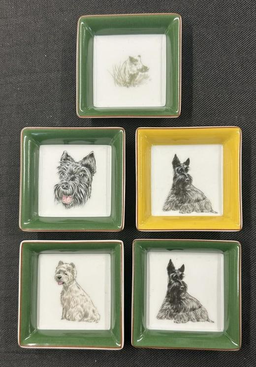 (5) HERMES small ashtrays, some with Scottish Terriers, in fine condition, they measure 3.25" x: (5) HERMES small ashtrays, some with Scottish Terriers, in fine condition, they measure 3.25" x 3.25". From the estate of world renowned Scottish Terrier enthusiast, breeder and collector William "Bil