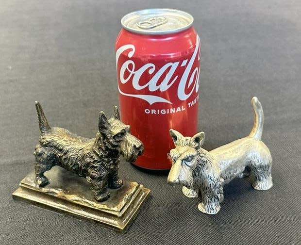 (2) bronze figural Scottish Terriers, both in nice condition, one has a silvered finish, they: (2) bronze figural Scottish Terriers, both in nice condition, one has a silvered finish, they measure 4" long...From the estate of world renowned Scottish Terrier enthusiast, breeder and collector Wil