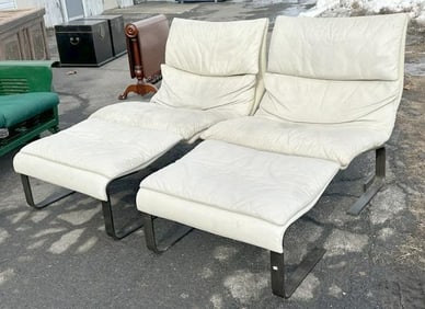 Pair SAPORITI ITALIA white leather designer chairs with ottomans, from fine Dutchess County, N.Y.