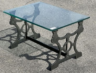 Small cast iron base, glass top stand, nice condition, measures 23" x 17" x 14" high. A few minor