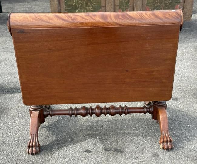 Wonderful flamed mahogany diminutive dropleaf table with claw feet, folds up to a narrow: Wonderful flamed mahogany diminutive dropleaf table with claw feet, folds up to a narrow size….clean estate condition, closed it measures 35" long x 20" wide x 27.75" tall & opened it measures 35" l