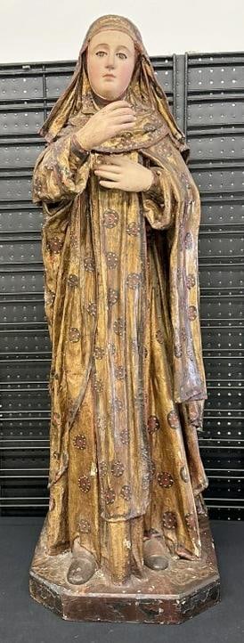 Older composition statue possibly of Saint Anne, in overall nice condition, with a few paint flakes: Older composition statue possibly of Saint Anne, in overall nice condition, with a few paint flakes here or there, wonderful detailed face and hands intact, measures 44" high. From estate in Hudson Va