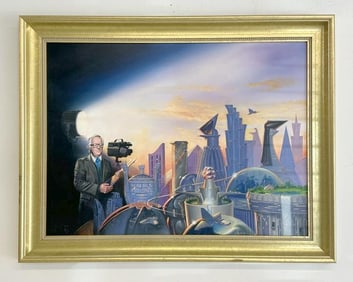 Kevin Eugene Johnson (Born 1954) Sci Fi o/b original illustration with Ray Bradbury behind the