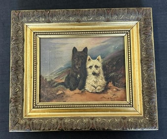 H. PALMER (1935) o/c of (2) Scottish Terriers, one black, one white, painting in very nice estate