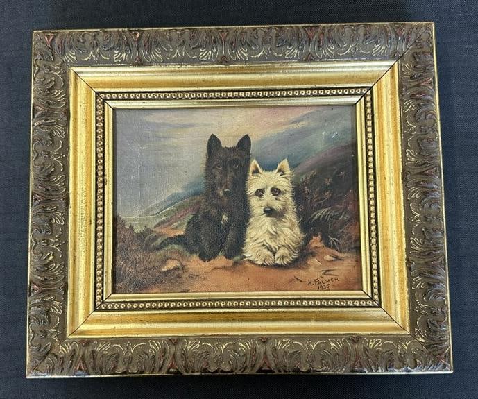 H. PALMER (1935) o/c of (2) Scottish Terriers, one black, one white, painting in very nice estate: H. PALMER (1935) o/c of (2) Scottish Terriers, one black, one white, painting in very nice estate condition. In nice later gold frame. The painting measures 7.5" x 9", frame measures 12" x 14". From t