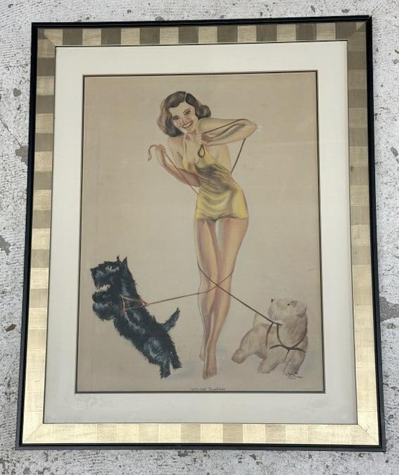 HELENE FRIEDMAN w/color & gouache Pinup Girl with (2) Scottish Terriers, painting dated 12/27/42.: HELENE FRIEDMAN w/color & gouache Pinup Girl with (2) Scottish Terriers, painting dated 12/27/42. In nice condition, nicely framed and matted. Painting measures 19.5" x 14", the frame measures 26" x 2