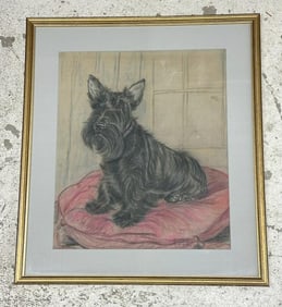 Gladys Emerson Cook (1899 - 1976) pastel of Scottish Terrier sitting on a pink pillow. In nice