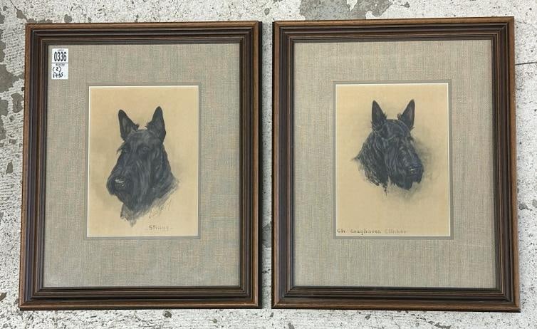 Jean Ramsay (2) gouaches of Scottish Terriers, in matching frames, dated 1937, in nice estate: Jean Ramsay (2) gouaches of Scottish Terriers, in matching frames, dated 1937, in nice estate condition. The paintings measure 10" x 7", the frames measure 17" x 14". Both dogs identified on paintings