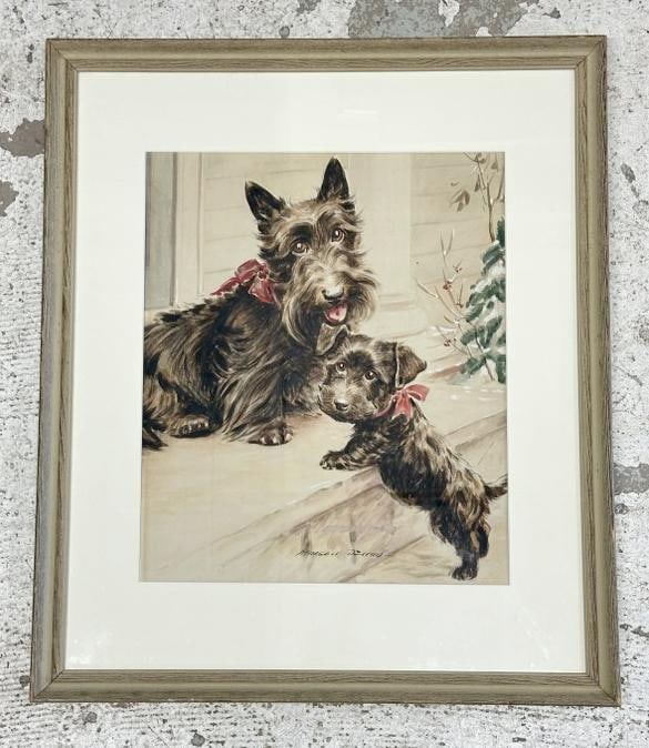 Morgan Dennis (1892 - 1960) original w/c & gouache of Scottish Terrier and her pup, in fine estate: Morgan Dennis (1892 - 1960) original w/c & gouache of Scottish Terrier and her pup, in fine estate condition. Framed and matted, painting measures 14" x 11.5", the frame measures 20.5" x 17.5". From t
