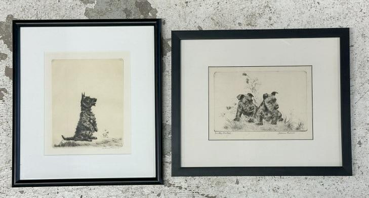 Diana Thorne (1894/95 - 1963) (2) Scottish Terrier etchings, in nice estate condition. Images: Diana Thorne (1894/95 - 1963) (2) Scottish Terrier etchings, in nice estate condition. Images measure 6.5" x 8.5" & 9" x 7.5". The frames measure 12" x 15" and 14" x 12". From the estate of world reno