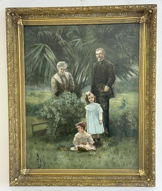 19th c o/c family portrait of Theodore Roosevelt and his family outside in garden area, signed: 19th c o/c family portrait of Theodore Roosevelt and his family outside in garden area, signed illegibly to us, as pictured, dated 1910. Was relined not to long ago it appears, in very nice condition.