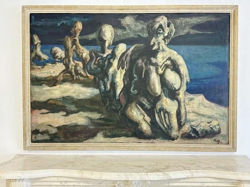 o/b signed (ROLF), impressionist alien like figures, dated 1946, looks like water in background.: o/b signed (ROLF), impressionist alien like figures, dated 1946, looks like water in background. Possibly an illustration ? Painting measures 31.5" x 47.5". Nice overall condition. From the Hudson, Ne