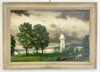 Impressionist o/c landscape signed illegibly to us, dated 1946, with windmill, horse and barns, nice