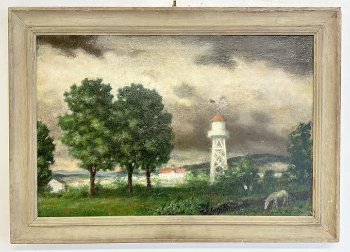 Impressionist o/c landscape signed illegibly to us, dated 1946, with windmill, horse and barns, nice: Impressionist o/c landscape signed illegibly to us, dated 1946, with windmill, horse and barns, nice overall condition. Painting measures 20" x 30", the frame of the period measures 25" x 35". From th