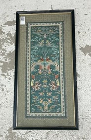 Nice older hand embroidered Chinese textile with people, flowers, butterflies and trees. In very