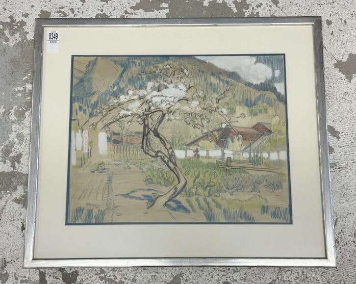 Wonderful crayon or colored pencil landscape drawing with farm house and Woman hanging on clothes: Wonderful crayon or colored pencil landscape drawing with farm house and Woman hanging on clothes line. ( signed Allenson 1921 ? ), nicely framed and matted, in nice estate condition. The drawing meas