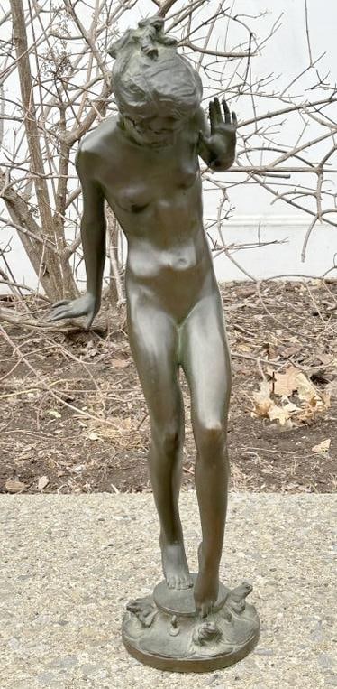 Harriet Whitney Frishmuth (1880 - 1980) 23" high nude female bronze fountain, dated ( 1925 ),: Harriet Whitney Frishmuth (1880 - 1980) 23" high nude female bronze fountain, dated ( 1925 ), wonderful condition, wonderful patina. ( GORHAM CO. FOUNDERS - O F E D ), has small holes in frog's mouths