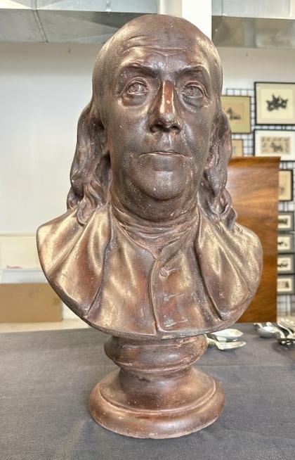 HOUDON terra cotta bust of BENJAMIN FRANKLIN, in nice estate condition, this is quite heavy, not: HOUDON terra cotta bust of BENJAMIN FRANKLIN, in nice estate condition, this is quite heavy, not sure if it's terra cotta over a heavier material. Measures 22.5" high.