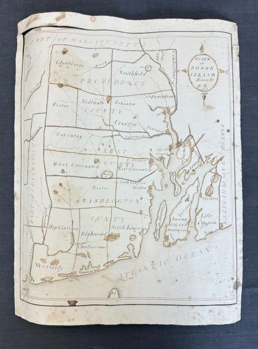 1814 Hand Drawn Map of RHODE ISLAND, ( Drawn by P.Q.), has foxing and stains, just as we found it,: 1814 Hand Drawn Map of RHODE ISLAND, ( Drawn by P.Q.), has foxing and stains, just as we found it, measures 19" x 14.75". From estate in Hyde Park, New York.