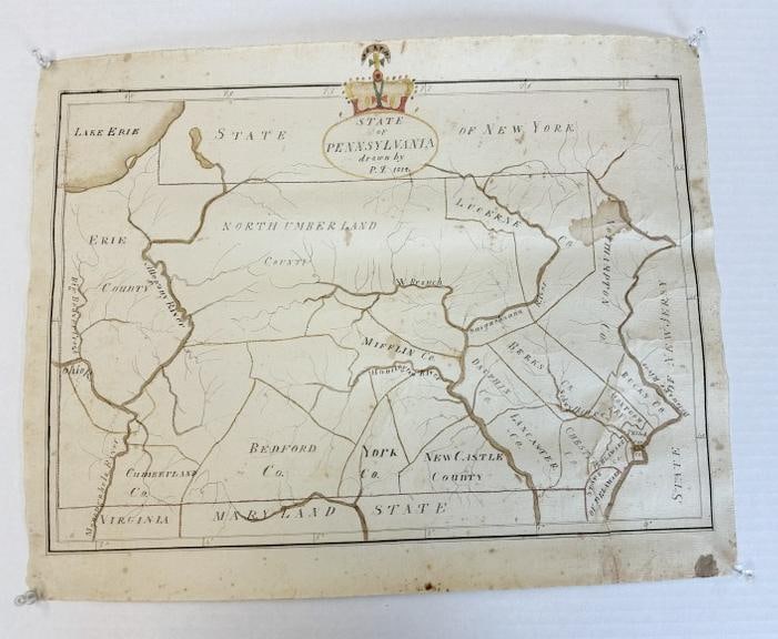 1814 Hand Drawn Map of STATE of PENNSYLVANIA, DRAWN BY ( PQ 1814 ), has stains and 7" tear on bottom: 1814 Hand Drawn Map of STATE of PENNSYLVANIA, DRAWN BY ( PQ 1814 ), has stains and 7" tear on bottom right, measures 15" x 19", from estate in Hyde Park, New York.