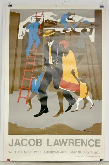 Jacob Armstead Lawrence (1917 - 2000) 1974 Poster ( WHITNEY MUSEUM OF AMERICAN ART MAY 16-JULY 7,: Jacob Armstead Lawrence (1917 - 2000) 1974 Poster ( WHITNEY MUSEUM OF AMERICAN ART MAY 16-JULY 7, 1974 ), has some crinkling in paper and small piece of paper missing from top white border, just as we