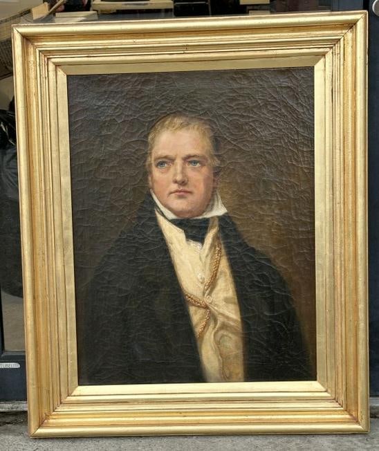 19th c o/c portrait of ( SIR WALTER SCOTT ), in nice overall condition, gilt frame, unsigned, age: 19th c o/c portrait of ( SIR WALTER SCOTT ), in nice overall condition, gilt frame, unsigned, age crackling, painting measures 28" x 22", the frame measures 37" x 30".