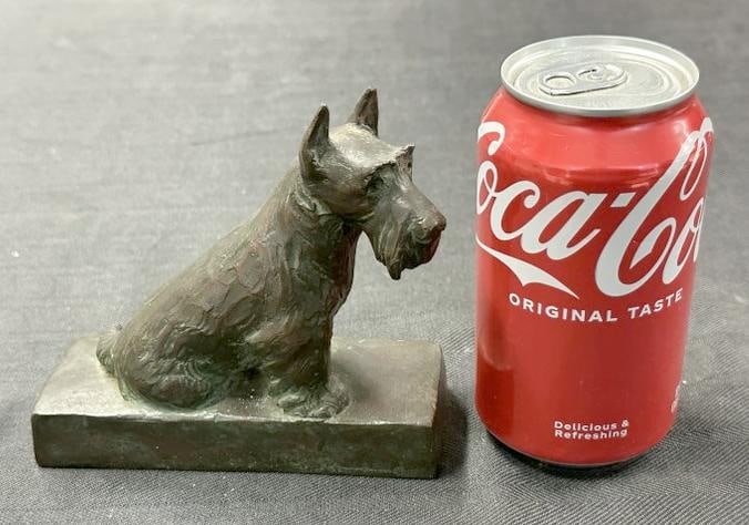 Wonderful circa 1900 bronze SCOTTISH TERRIER seated, ( marked C C D ), as pictured, stamped ( GORHAM: Wonderful circa 1900 bronze SCOTTISH TERRIER seated, ( marked C C D ), as pictured, stamped ( GORHAM FOUNDERS 061R ), nice patina, no damage, measures 5" long x 4 7/8" tall. From the estate of world r