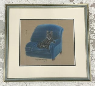Marguerite Kirmse (1885 - 1954) (SCOTTISH TERRIER ) pastel sitting in blue 50's armchair, dog's name