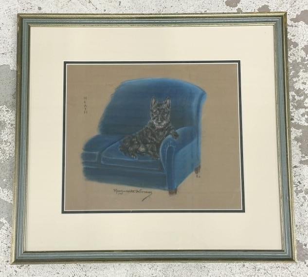 Marguerite Kirmse (1885 - 1954) (SCOTTISH TERRIER ) pastel sitting in blue 50's armchair, dog's name: Marguerite Kirmse (1885 - 1954) (SCOTTISH TERRIER ) pastel sitting in blue 50's armchair, dog's name is on left side ( HEATH ), nicely framed and matted. The pastel measures 12" x 14", the frame measu