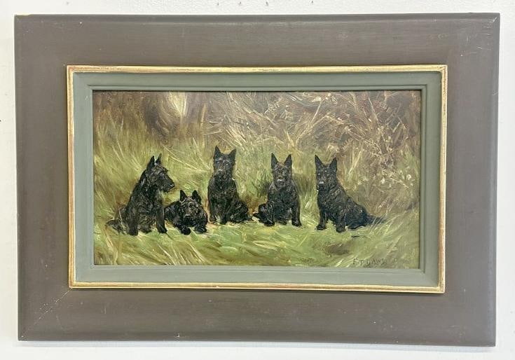 Frederick Thomas Daws (1878 - 1956) o/b (5) SCOTTISH TERRIERS, signed bottom right as pictured. In: Frederick Thomas Daws (1878 - 1956) o/b (5) SCOTTISH TERRIERS, signed bottom right as pictured. In nice estate condition, the painting measures 7.75" x 14", the frame measures 13.5" x 19.5". From the 