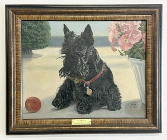 Helen Wilson Sherman o/c of SCOTTISH TERRIER named ( ROBBIE ) with a red ball, in fine condition,