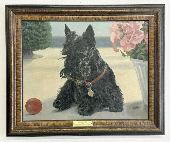 Helen Wilson Sherman o/c of SCOTTISH TERRIER named ( ROBBIE ) with a red ball, in fine condition,: Helen Wilson Sherman o/c of SCOTTISH TERRIER named ( ROBBIE ) with a red ball, in fine condition, painting measures 14" x 18", the frame measures 18.5" x 22.5". From the estate of world renowned Scott