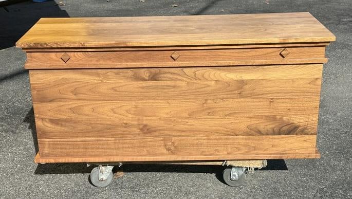 Custom made black walnut blanket box - storage box, cedar lined on bottom, structurally sound, from: Custom made black walnut blanket box - storage box, cedar lined on bottom, structurally sound, from fine home in Hudson Valley. Measures 48" wide x 18" deep x 21" high.