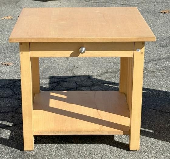 Custom (1) drawer stand or end table, structurally sound, nice finish, from fine home in Hudson: Custom (1) drawer stand or end table, structurally sound, nice finish, from fine home in Hudson Valley. Measures 24" wide x 24" deep x 22" high.