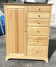 POMPANOOSUC MILLS custom made muti drawer white maple chifforobe with large door and shelves inside.