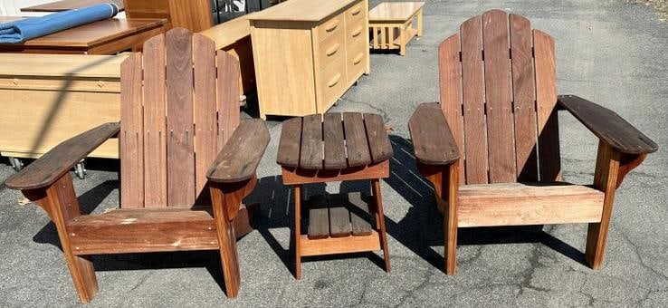 IPE 3 pc. Outdoor patio set with (2) matching chairs and side table, in fine condition. IPE wood is: IPE 3 pc. Outdoor patio set with (2) matching chairs and side table, in fine condition. IPE wood is one of the most durable woods for outdoor furniture. Chairs measure 37" wide x 32" deep x 39" high.