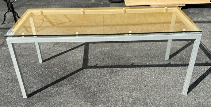 Nice Modern style plate glass top rectangular dining table or can be used as a work table. Nice: Nice Modern style plate glass top rectangular dining table or can be used as a work table. Nice form, structurally sound, nice condition. Measures 71" wide x 31.5" deep x 30" high.