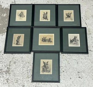 (7) signed illegibly ( Otto ? or Offor ? ), SCOTTISH TERRIER etchings, all by same Artist, in