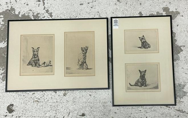 Diana Thorne, 1895-1963 (4) signed Scottish Terrier etchings, both frames with (2). One is titled (: Diana Thorne, 1895-1963 (4) signed Scottish Terrier etchings, both frames with (2). One is titled ( THE BEGGAR ), nice overall condition. The etchings measure 5" x 6" , 5.5" x 6.5" - 8.5" x 6" & 8" x 
