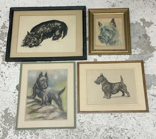 (4) original SCOTTISH TERRIER paintings (3) look to be gouache & watercolor, and (1) pastel signed (