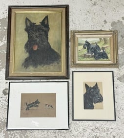 (4) original SCOTTISH TERRIER pcs. of artwork, including (2) o/b paintings, a gouache of Scotty and