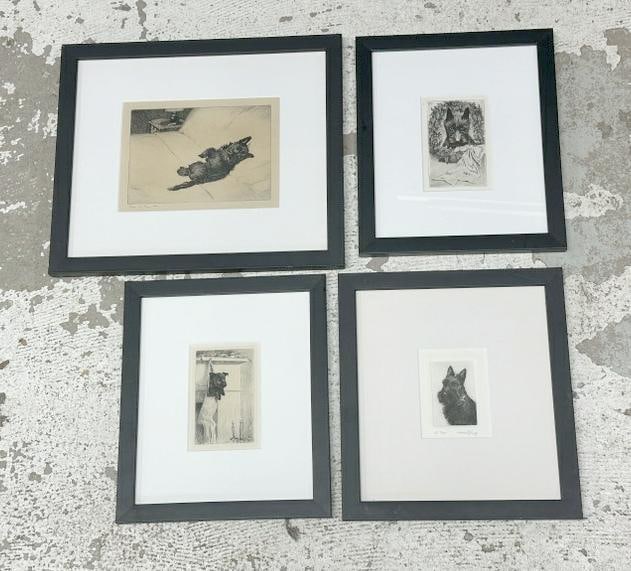 (3) Morgan Dennis Scottish Terrier etchings ( signed in printing plate ) & (1) pencil signed: (3) Morgan Dennis Scottish Terrier etchings ( signed in printing plate ) & (1) pencil signed engraving of a Scottish Terrier by Artist Maria K. Krupp, all in black frames, in nice overall estate condi