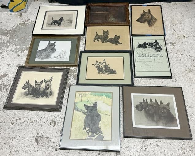 (10) framed SCOTTISH TERRIER pcs. Including prints, handhammered copper relief, etc. By some notable: (10) framed SCOTTISH TERRIER pcs. Including prints, handhammered copper relief, etc. By some notable Artists…Good lot for a dealer to sort out... To show scale the largest frame measures 16.5" x 19"