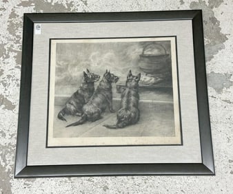 Large early MAUD EARL pencil signed SCOTTISH TERRIERS print, nicely framed and matted. Some foxing